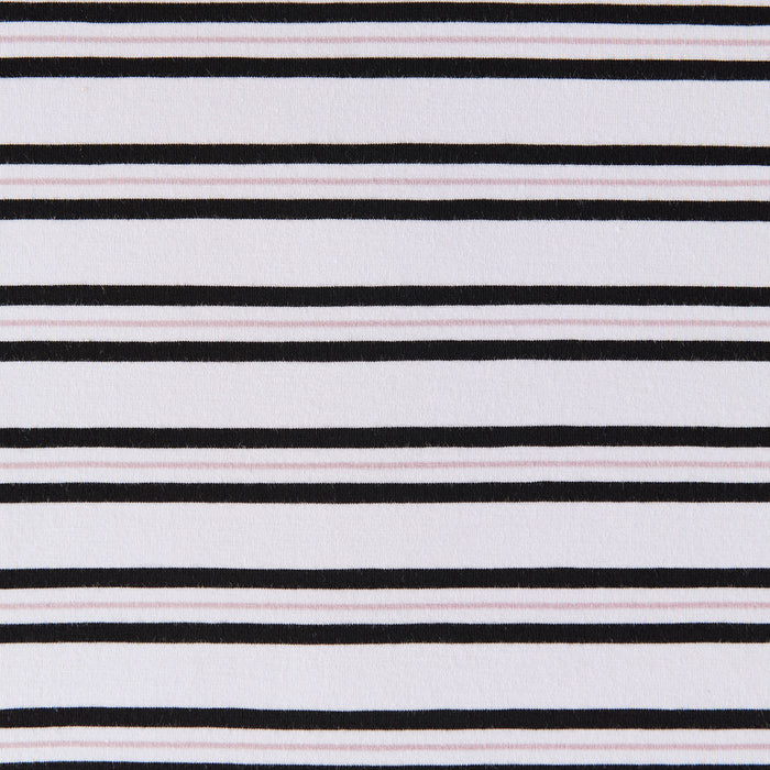 White colored jersey fabric with black and pink stripes made from bamboo and cotton.